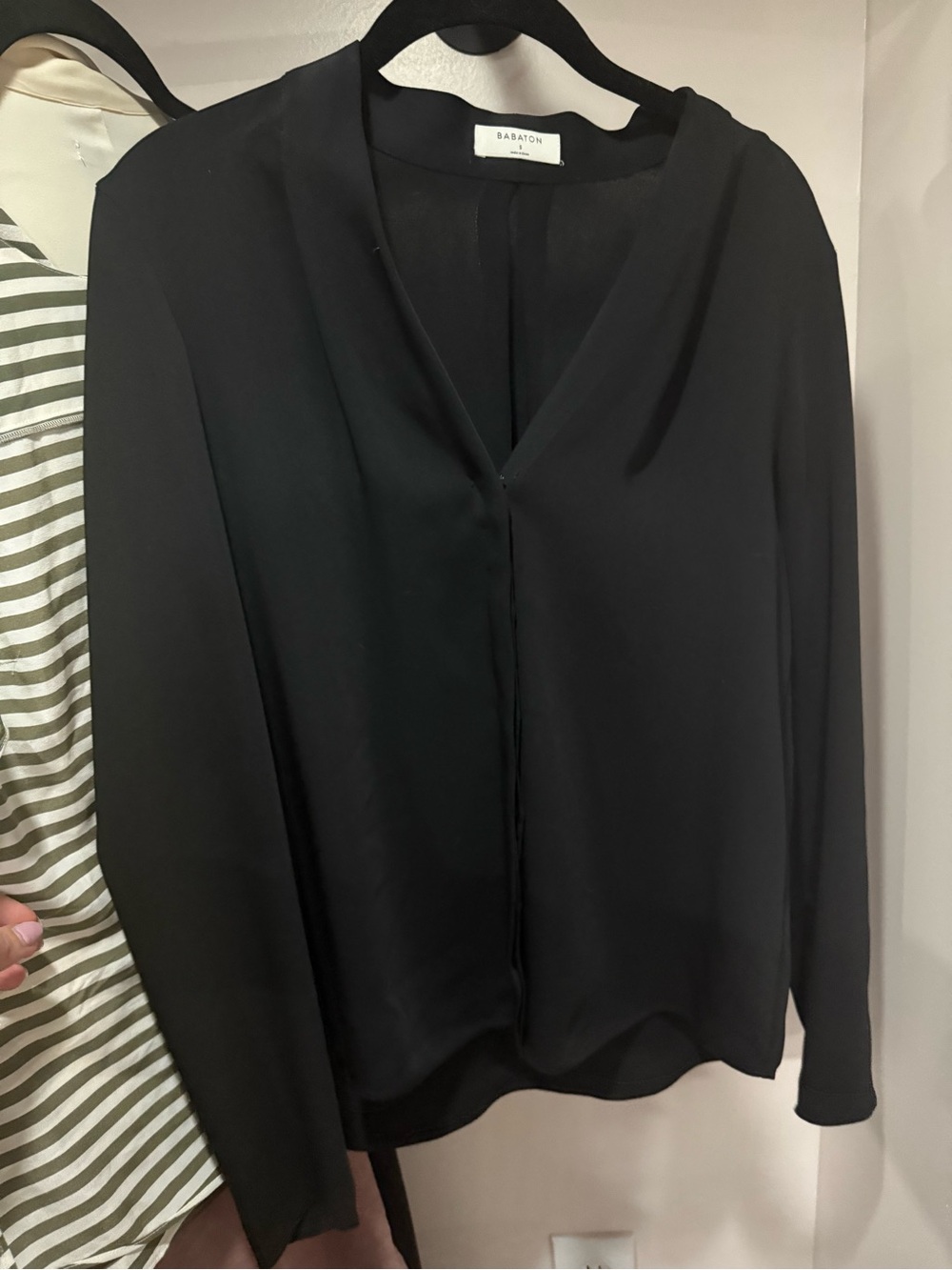 Babaton Black Long-Sleeve V-Neck Silk-Feel Blouse